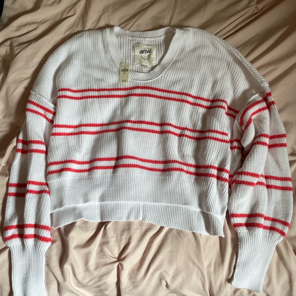 Aerie White and Red Striped Crew Neck Sweater